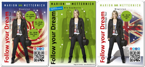 layout for posters and other promotional materials for Die Zauberin, Marion Metternich